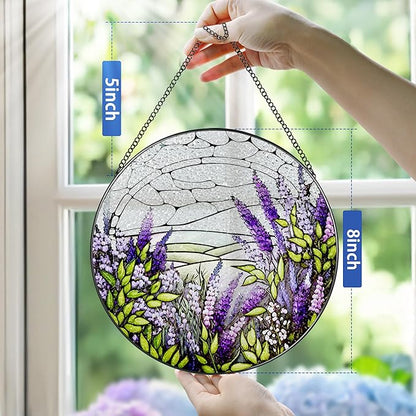 Lavender Flower Stained Glass Suncatcher, Stained Glass Window Hanging, 8 Inch Green Plants Suncatcher Decor for Birthday for Women, Wife, Lovers, Mom, Grandma, Gift Idea
