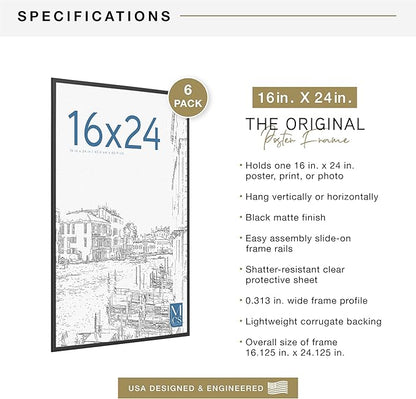 MCS Original Poster Frame 16x24 Black Lightweight Vertical & Horizontal Wall Hanging Large Picture Frame for Posters, Art Prints & Gallery Wall (6-Pack)