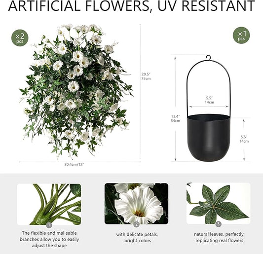 Artificial Flowers Artificial Petunias for Outdoors Artificial Hanging Plants Outdoors Silk Flowers with Stems Outdoor Flowers Uv Resistant for Porch Decor Terrace Decor（White） with Pot 2PCS