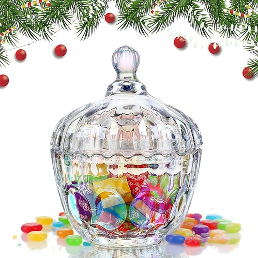 kanpura 11.5 oz Glass Candy Dish with Lid Colorful Candy Jar for Office Desk Decorative Glass Jar for Buffet, Snacks, Coffee Beans 5.5″Tall