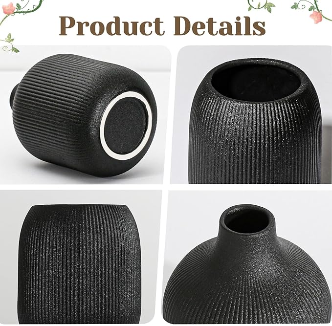 Dnnnii Modern Black Ceramic Vase Set of 3, Ribbed Texture Boho Minimalist Home Decor, Small Decorative Vases for Centerpiece, Shelf, Tabletop - Aesthetic Touch for Neutral & Transitional Spaces