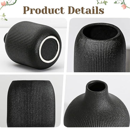 Dnnnii Modern Black Ceramic Vase Set of 3, Ribbed Texture Boho Minimalist Home Decor, Small Decorative Vases for Centerpiece, Shelf, Tabletop - Aesthetic Touch for Neutral & Transitional Spaces