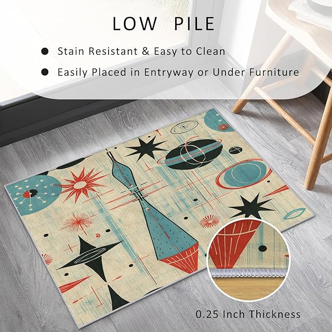 Mid Century Rug 3x4 Retro Abstract Atomic Starburst Pattern, Washable Living Room Bedroom Area Rugs, Mid Century Decor for Home, Soft Non Slip Indoor Carpet, Low Pile Design & G859