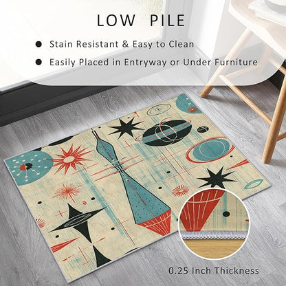 Mid Century Rug 7x9 Retro Abstract Atomic Starburst Pattern, Washable Living Room Bedroom Area Rugs, Mid Century Decor for Home, Soft Non Slip Indoor Carpet, Low Pile Design & G867