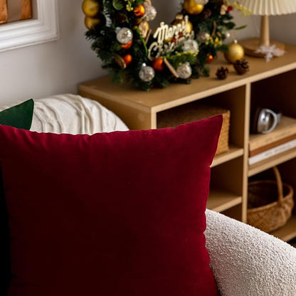 FEVERQIYI 26x26 Velvet Pillow Covers Set of 2 Christmas Red Decorative Square Throw Pillowcase Soft Solid Cushion Covers for Bedroom Living Room Outdoor Indoor Decoration