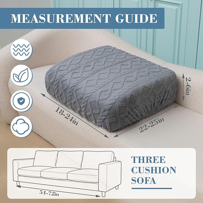 3 Pcs Jacquard Couch Cushion Covers for Sofa Stretch Plush Soft Seat Cover Washable Sofa Slip Covers with Elastic Bottom Modern Boho Furniture Protector for Sectional Slipcovers(Light Gray)