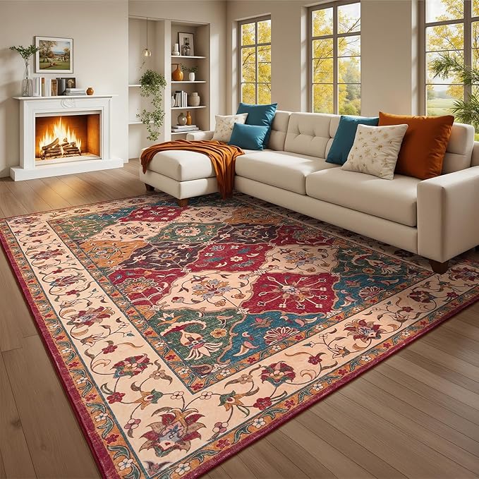 Lessymo Moroccan 8x10 Area Rugs for Living Room, Ultra-Thin Washable Rugs Vintage Non-Slip Non Shedding Accent Carpet for Bedroom Dining Room Office Nursery, Classic Red and Cream