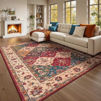 Lessymo Moroccan 8x10 Area Rugs for Living Room, Ultra-Thin Washable Rugs Vintage Non-Slip Non Shedding Accent Carpet for Bedroom Dining Room Office Nursery, Classic Red and Cream