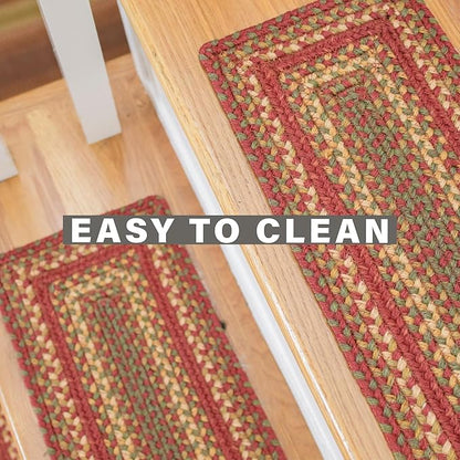 Homespice Cider Barn Jute Braided Stair Treads, Country Primitive Decor, Set of 13, Red 8x28 Oval Rug for Stairs - Easy to Clean, Tightly Stitched and Durable