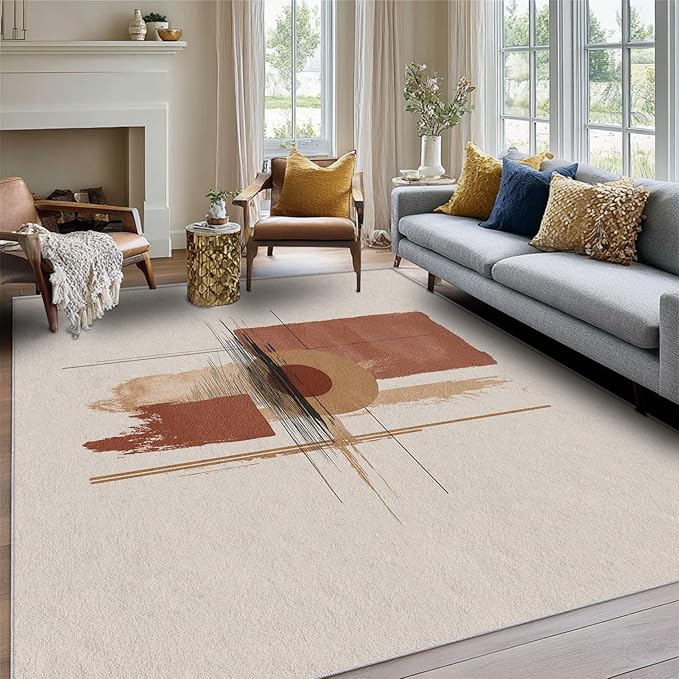 Boho Rug, 8x8 Area Rugs Geometric Minimalist Line Simple Pattern for Living Room, Bedroom, Boho Home Decor Accessories Indoor Carpet, Non Slip & Machine Washable