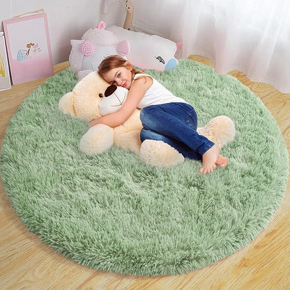 Round Fluffy for Bedroom Rugs, 4Ft Sage Green Shag Circle Rug Non-Slip for Kids Girls Boys Bedroom Dorm Nursery Playroom, Soft Cute Area Rugs for Living Room Decor