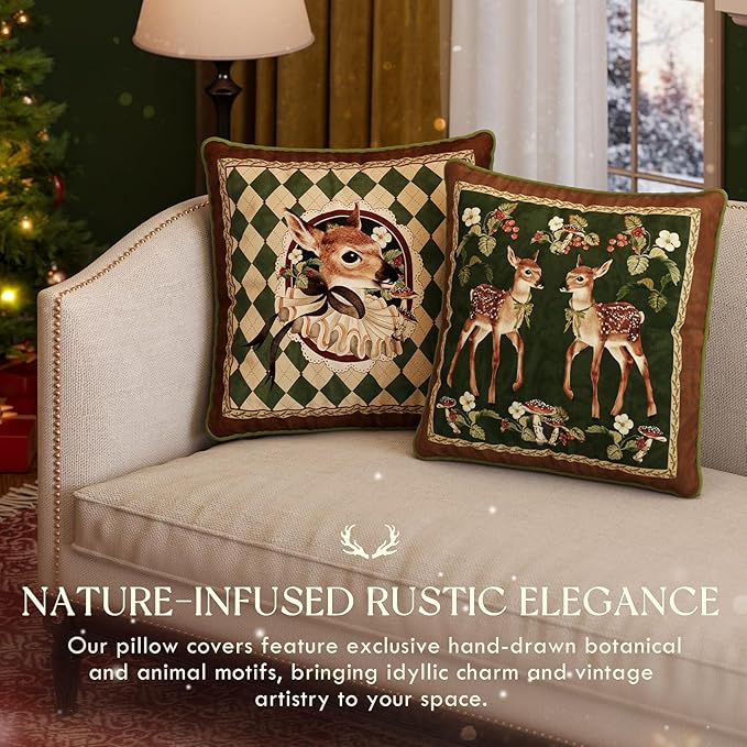 Grandmillennial Checkered Pillow Cover, Velvet Euro Sham Covers Decorative Throw Pillow Covers 18x18 for Couch Sofa Bed Living Room, Christmas & Holiday, Deer Green