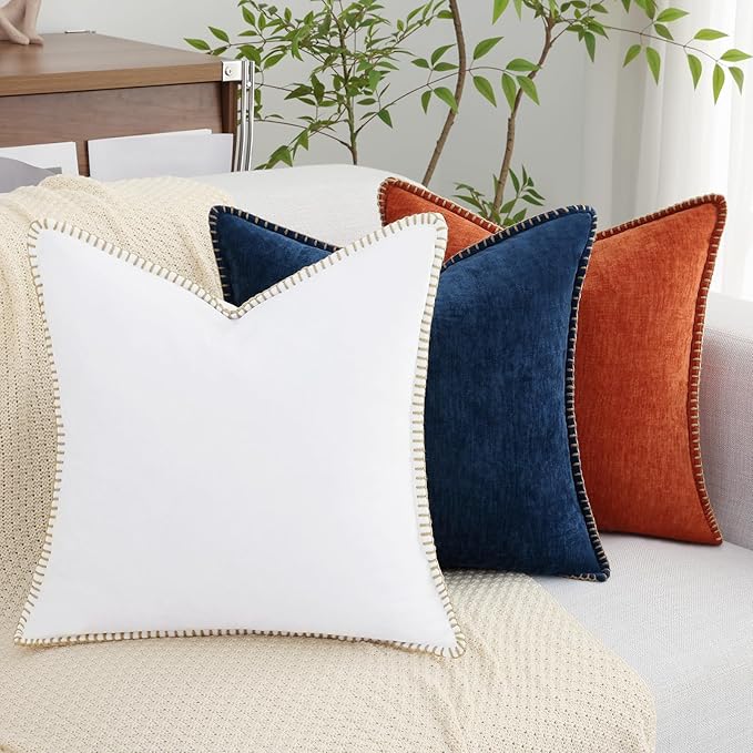 decorUhome Spring Chenille Soft Throw Pillow Covers 16x16 Set of 2, Farmhouse Velvet Neutral Decorative Pillow Covers with Stitched Edge for Couch Sofa Bed Home Decor, Poseidon