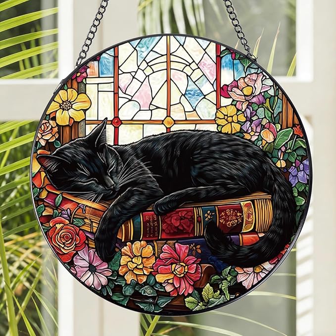 Rngmsi Stained Glass Window Hanging, 7.8″ Cat and Flower Sun Catchers with Hook Indoor Window Decor, Decorative Suncatchers Hanging Ornaments Home Garden Art Gift for Housewarming