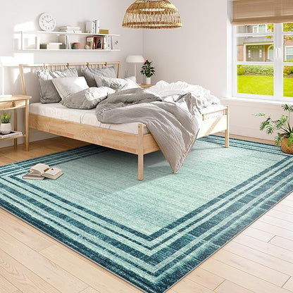 Lahome Abstract 9x12 Area Rug for Living Room, Washable Teal Rugs for Living Room Low-Pile Bedroom Rug, Minimalist Border Stain Resistant Large Room Carpet for Dining Room Kids Playroom