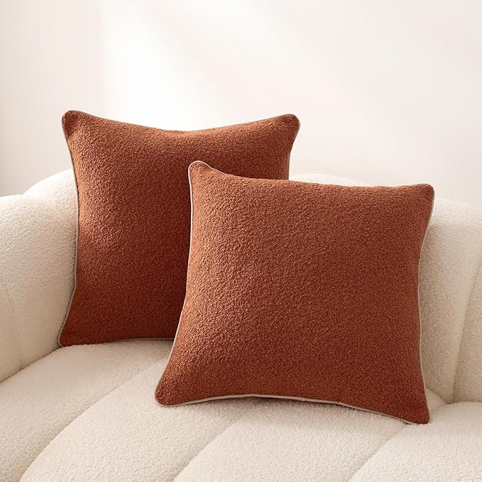 Amazon Basics Boucle Throw Pillow Covers for Couch, Living Room, Home Decor with Hidden Zipper, Brown, 18×18in, Pack of 2