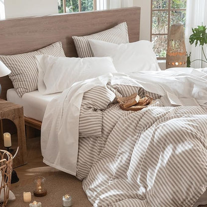 MooMee Bedding Sheet Set 100% Washed Cotton Linen Like Textured Breathable Durable Soft Comfy (Solid Off White, King)