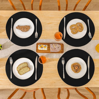 SHACOS Round Braided Placemats Set of 4 Heavy Cotton Polyester Washable Round Table Mats for Dining Tables 15 inch Non Slip Heat Resistant (Black, 4)