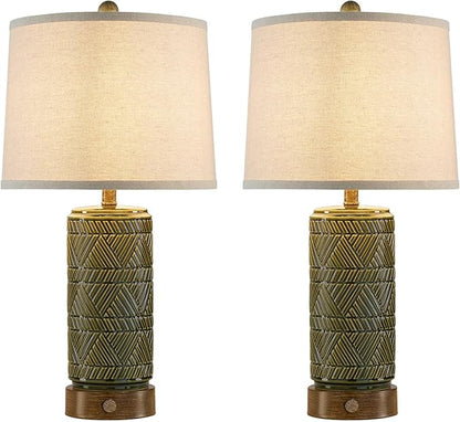 RORIA Set of 2 Retro Touch Table Lamps for Living Room Bedroom, 3 Way Dimmable Nightstand Lamp with 2 USB Port, Farmhouse Rustic Ceramic Desk Lamps for End Table Bedside, LED Bulbs Included