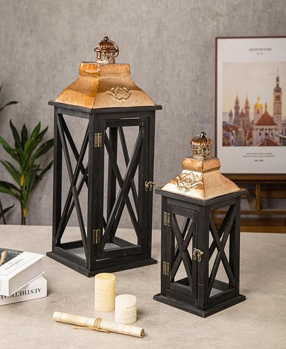 Large Farmhouse Wooden Lanterns with Metal Top, Decorative Floor Lanterns Set of 2, Black Frame with Rustic Gold Accents, Indoor/Outdoor Hurricane Lanterns for Home Decor (No Glass)