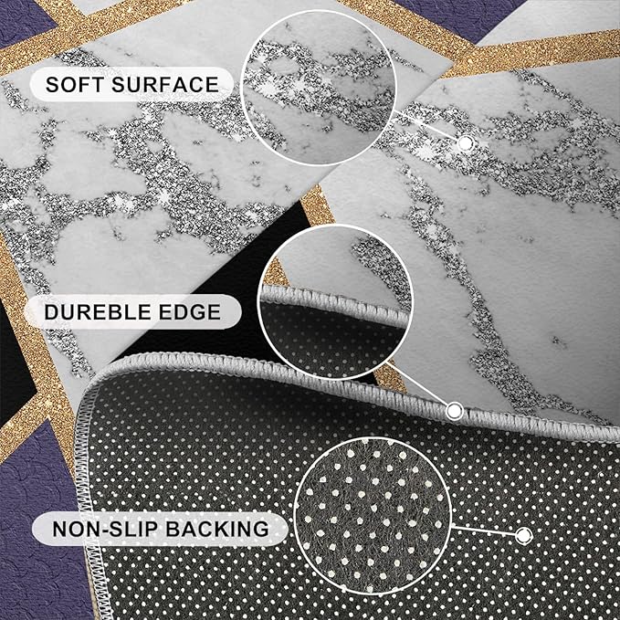 Black Gold Marble Area Rugs Geometric Marble Area Rug Modern Minimalist Carpet Irregular Geometric Patchwork Carpet Low Pile Non-Slip Rug for Living Room 6x9ft