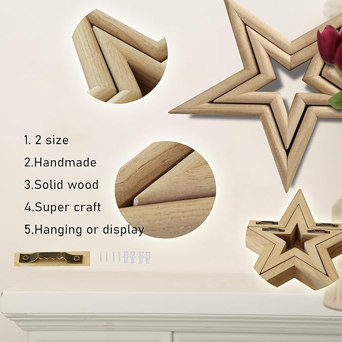 LOSOUR Set of 2 Natural Wood Decor Stars - Coffee Table Decor, Centerpiece, TV Stand, Bookshelf, Desk, Tiered Tray for Living Room, Bedroom, Office