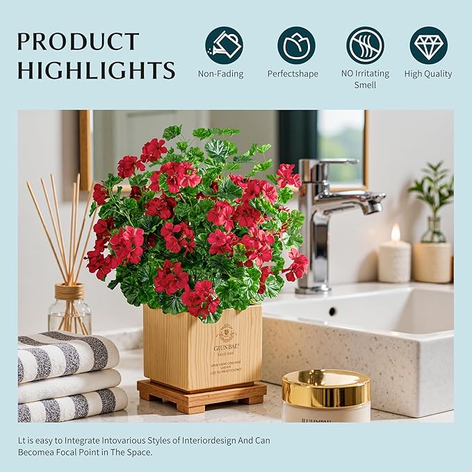 Artificial Flowers for Outdoors 17.7In Artificial Geraniums for Indoor Fake Flowers Uv Resistant Artificial Outdoor Flowers Suitable for Indoor Home Decoration Outdoor Garden Decor 8PCS，Red