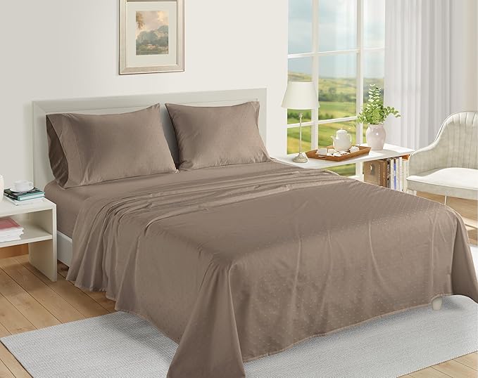 LANE LINEN Luxury Hotel Style 100% Egyptian Sheets Twin Size Bed Set, Mercerized Cotton, Sily Finish, No Pill Fade Resistant Twin Bedding Sheets & Pillowcases Jaquard Swiss Dot - Taupe