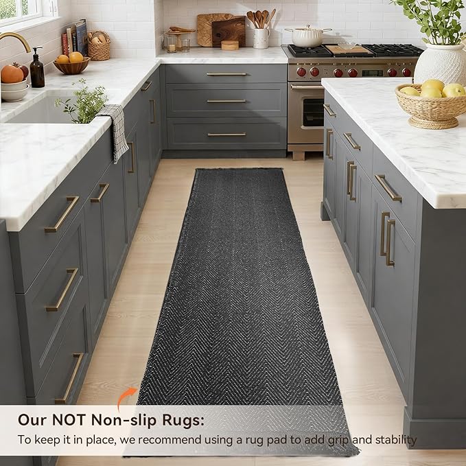 BESTSWEETIE 2x6 Washable Rug Hand-Woven Low Pile Soft Modern Farmhouse Bohemian Decor Reversible Braided Rugs with Tassels Throw Carpet for Living Room Bedroom Entryway Bathroom, Black White