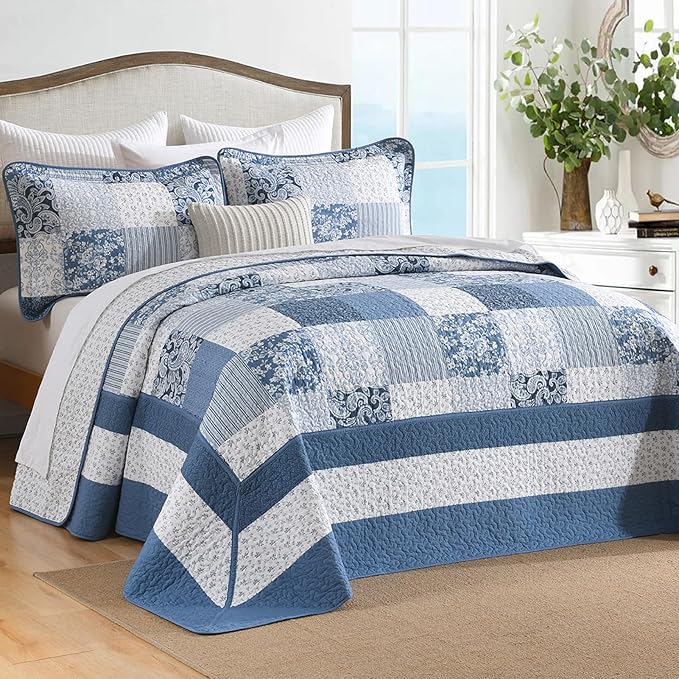 SahSahCasa 100% Cotton 128"x120" Oversized California King Bedspread Coverlet Quilt Set, Cal King Plaid Paisley Floral Extra Large Reversible XL Bed Spread Lightweight Comforter, Blue/White/Gray