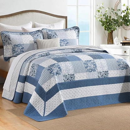 SahSahCasa 100% Cotton 128"x120" Oversized California King Bedspread Coverlet Quilt Set, Cal King Plaid Paisley Floral Extra Large Reversible XL Bed Spread Lightweight Comforter, Blue/White/Gray