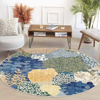 DEXDE Round Rug 4ft Washable Circle Area Rugs Non Slip Low Pile Boho Floral Small Circular Carpet for Bedroom Bathroom Entryway Kids Room Office Dining Room,Blue