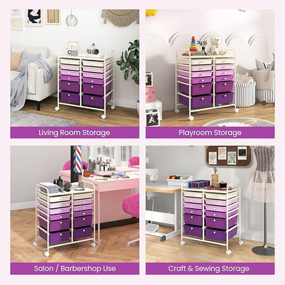 Giantex 12 Drawers Rolling Storage Cart, Classroom Organizers with Wheels for Tools Scrapbook Craft Paper Teacher Office School Supplies (Purple Gradient)