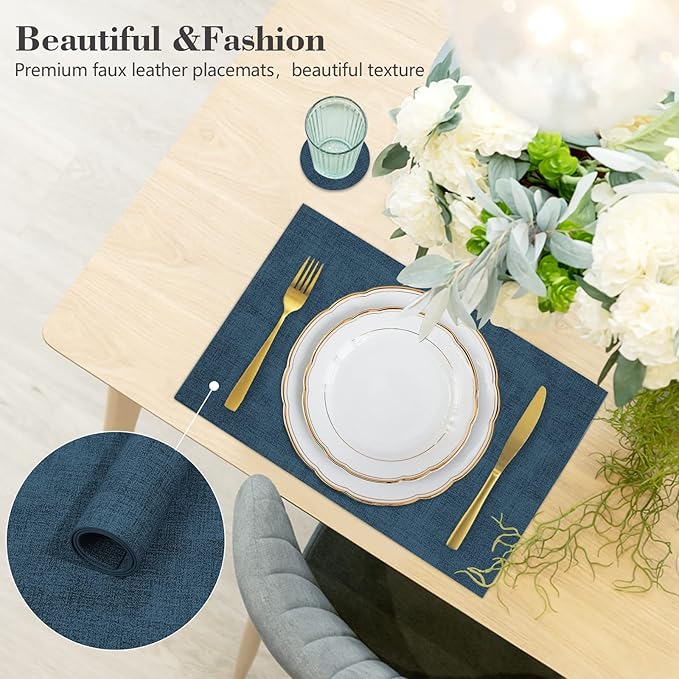 Faux Leather Placemats Set of 6,Heat Resistant Placemats for Dining Table, Easy Clean Non-Slip Place Mats, Waterproof Stain Resistant Wipeable Washable PU Table Mats, (Navy Blue)