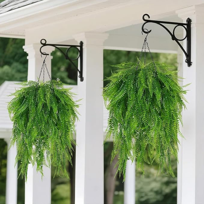 Fake Hanging Plant Outdoor Artificial Boston Fern Hanging Baskets 2 Set Fake Ferns Hanging Plants Artificial Decor 23.6" Artificial Ferns for Outdoors Front Porch Patio Garden Home Decor