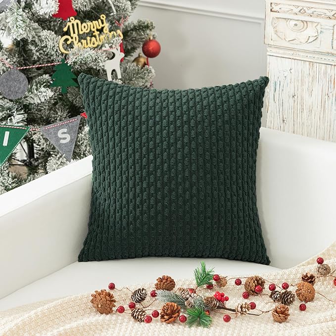 Kevin Textile Decorative Pillow Covers Set of 2 Striped Plush Corduroy Pillows Pillowcases Boho Home Decor Cushion Covers for Couch Sofa Bed Living Room 24x24 Inch, Army Green