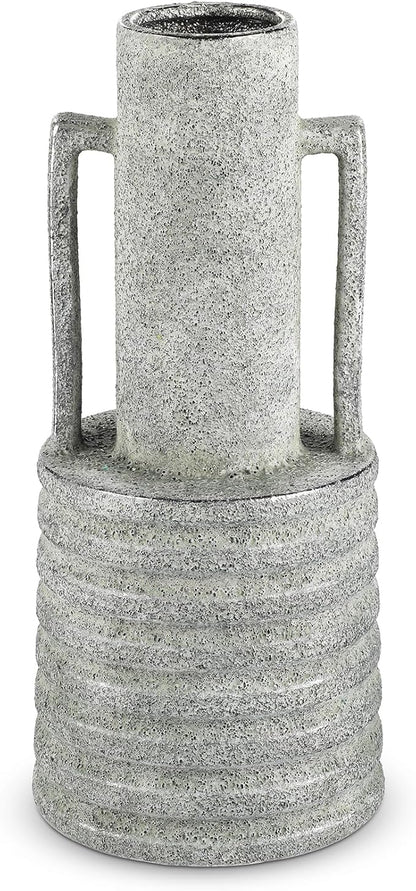 Hollyone Large Vintage Ceramic Vase with 2 Handles, 15.6" Tall Silver-Toned Antique Rustic Decorative Floral Grey Vases for Flowers Home Table Centerpiece Shelf Living Room Entryway Farmhouse Decor