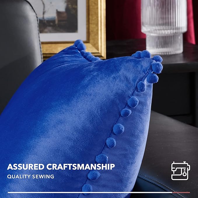 Deconovo Velvet Throw Pillow Covers, Set of 2, 26” x 26” Blue, Soft Square Pom-poms with Hidden Zipper Cover for Sofa Couch Car