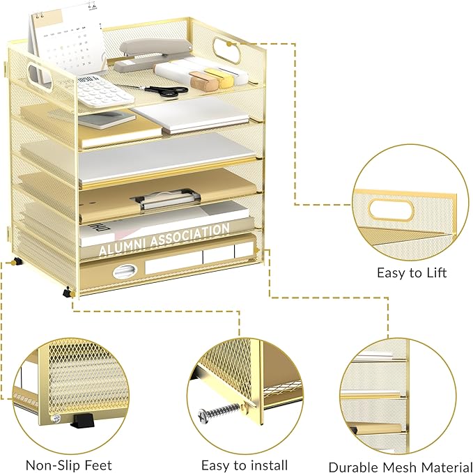 Daltack 6 Tier Paper Organizer for Desk, Paper Letter Tray Organizer for Desks, Mesh Desk File Organizers with Handle for Office, Home, School, Gold, 2 Pack