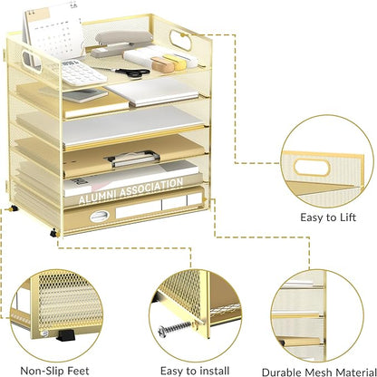 Daltack 6 Tier Paper Organizer for Desk, Paper Letter Tray Organizer for Desks, Mesh Desk File Organizers with Handle for Office, Home, School, Gold, 2 Pack