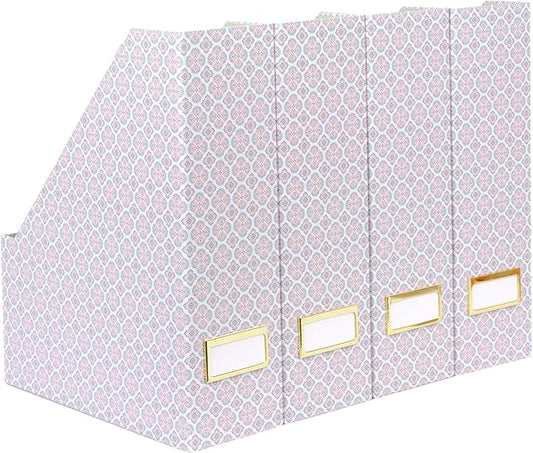 BLU MONACO | Foldable Magazine File Holder Set of 4 | Moroccan Tile Cardboard Organizers | Vertical Desk and Shelf Storage for Home Office Dorm | Decorative File Boxes