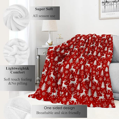 Red and White Reindeer Blanket Christmas Holiday Decor Winter Forest Xmas Throw Gifts for Adults Lightweight Soft Fleece Snowflakes Pine Tree Blankets for Bed Couch Festive Decoration 40x50in