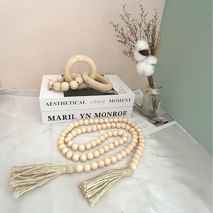 2 pcs Decorative Wood Knot Link Chain and Bead Decor, Natural Wooden Knot Decor for Coffee Table Farmhouse Decortive for Home Boho Modern Shelf Decortion(Natural)