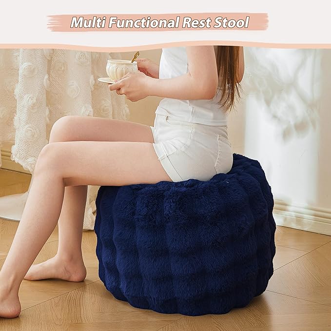 LIFEREVO Faux Rabbit Fur Round Inflatable Pouf Ottoman, 20" X 16" Plush Fuzzy Waffle Bubble Floor Poufs Foot Rest for Living Room Bedroom, Furry Pouf Foot Stool Couch Home Decor, Anti-Slip, Navy Blue