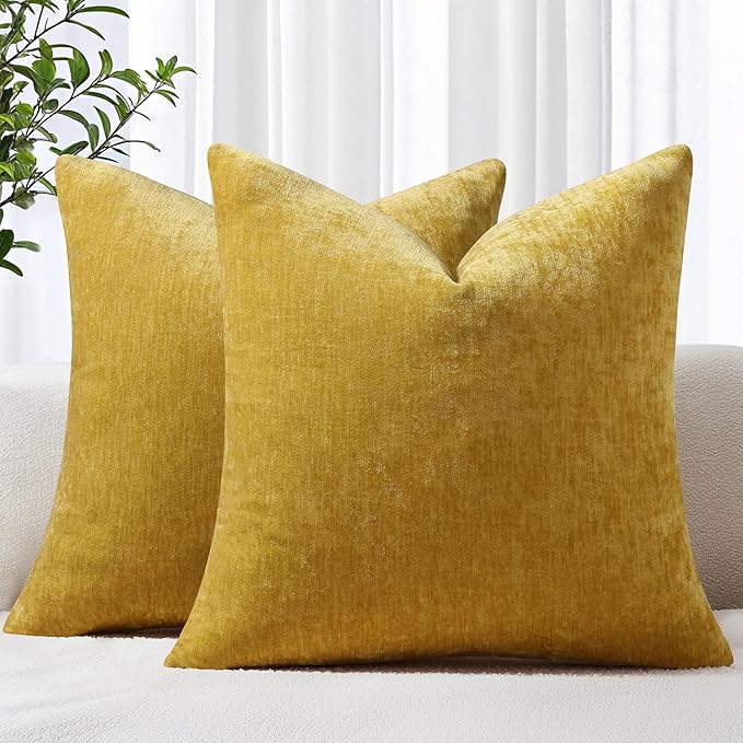 decorUhome Chenille Mineral Yellow Spring Throw Pillow Covers 24x24 Inch Set of 2, Decorative Soft Couch Pillow Covers Solid Dyed Accent Farmhouse Neutral Square Pillow Cases for Sofa