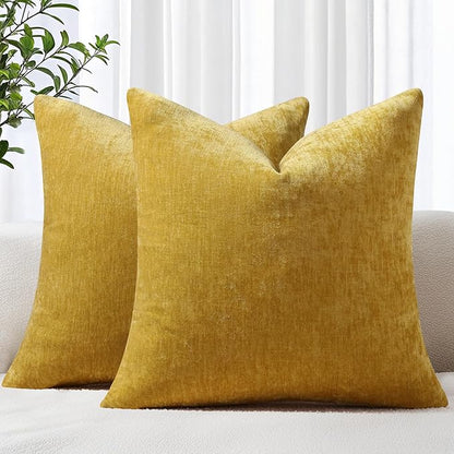 decorUhome Chenille Mineral Yellow Spring Throw Pillow Covers 16x16 Inch Set of 2, Decorative Soft Couch Pillow Covers Solid Dyed Accent Farmhouse Neutral Square Pillow Cases for Sofa