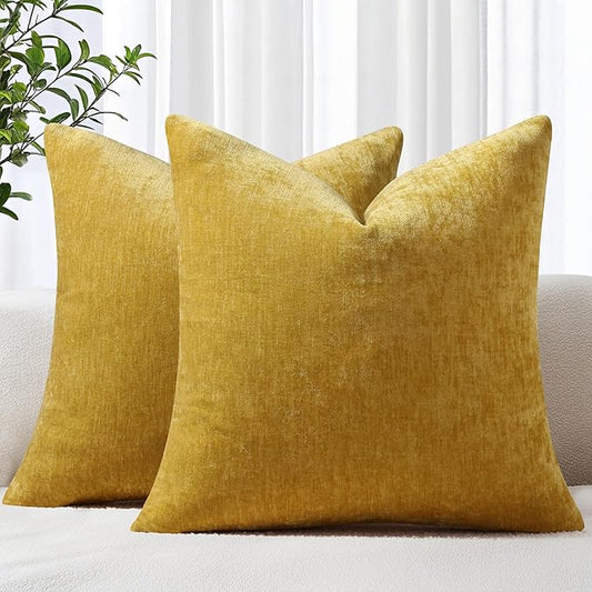 decorUhome Chenille Mineral Yellow Spring Throw Pillow Covers 16x16 Inch Set of 2, Decorative Soft Couch Pillow Covers Solid Dyed Accent Farmhouse Neutral Square Pillow Cases for Sofa