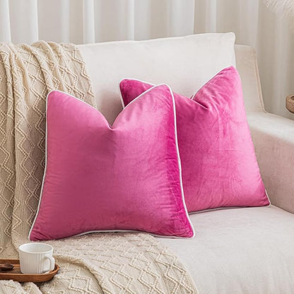 LIGICKY Set of 2 Hot Pink and White Velvet Throw Pillow Covers Modern Minimalist Style Solid Decorative White Rope Edging Soft Square Cushion Cases for Sofa Bedroom Party Décor, 18 x 18 inch
