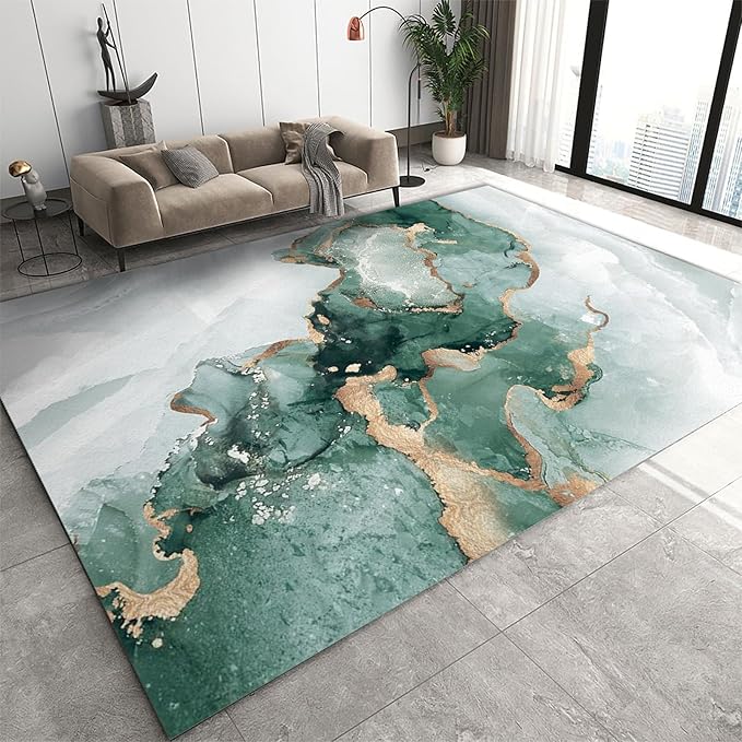 Nordic Luxury Green Gold Marble Area Rug, Marble Painting Ombre Emerald Green Print Large Rugs, Machine Washable Breathable Durable Carpet for Front Entrance Floor Living Room Decor,2 x 3ft