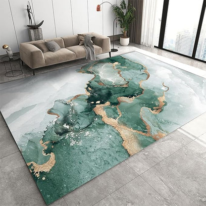 Nordic Luxury Green Gold Marble Area Rug, Marble Painting Ombre Emerald Green Print Large Rugs, Machine Washable Breathable Durable Carpet for Front Entrance Floor Living Room Decor,2 x 6ft